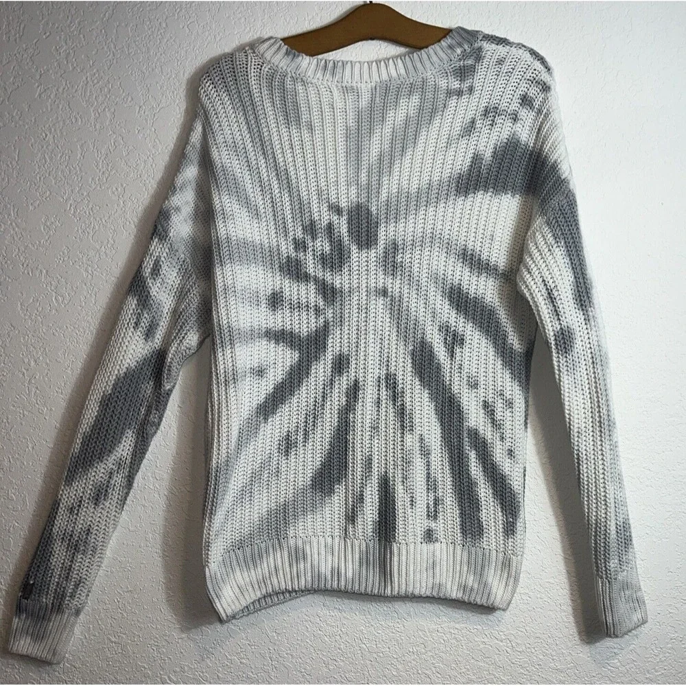PINK Victorias Secret Gray White Knit V Neck Tie Dye Chunky Sweater Sz S - Picture 2 of 7